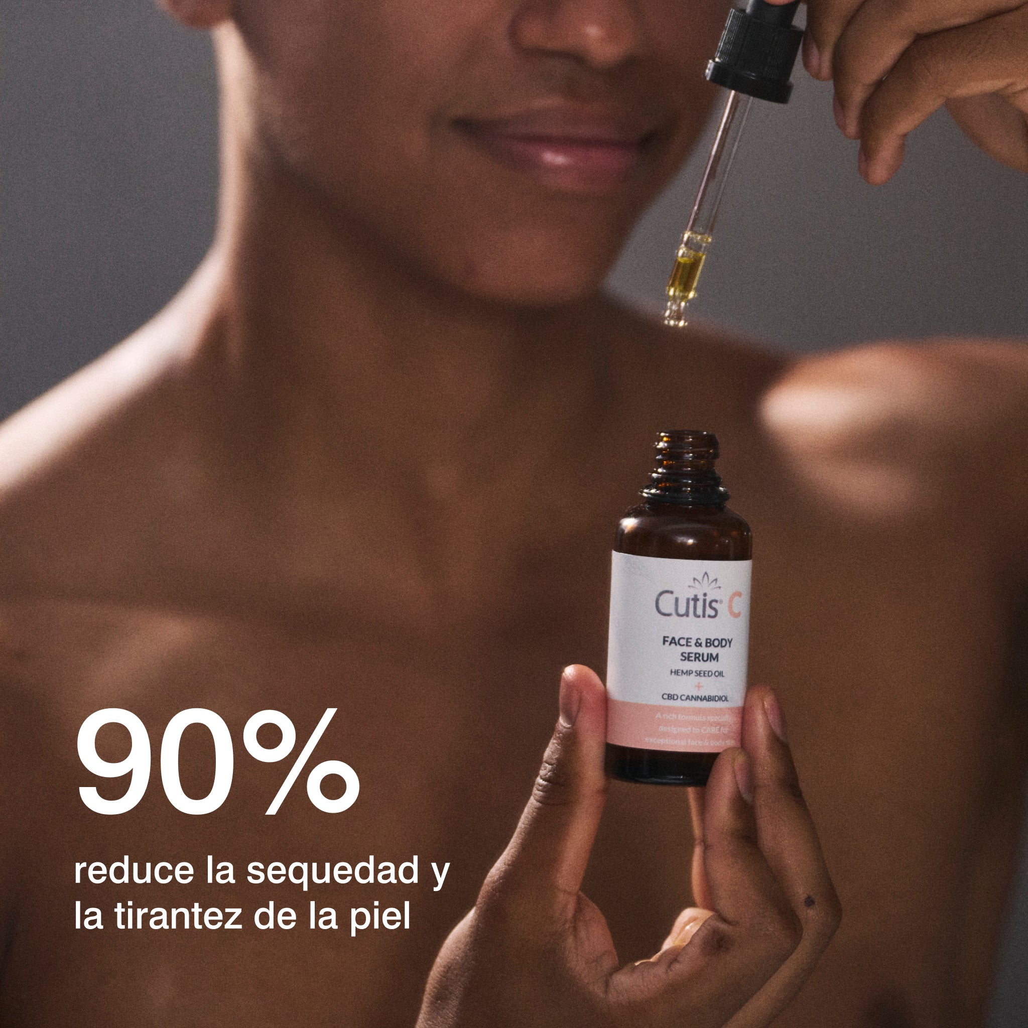 Aplicación de sérum facial con CBD sobre la piel para aportar hidratación y mejorar la luminosidad del rostro
