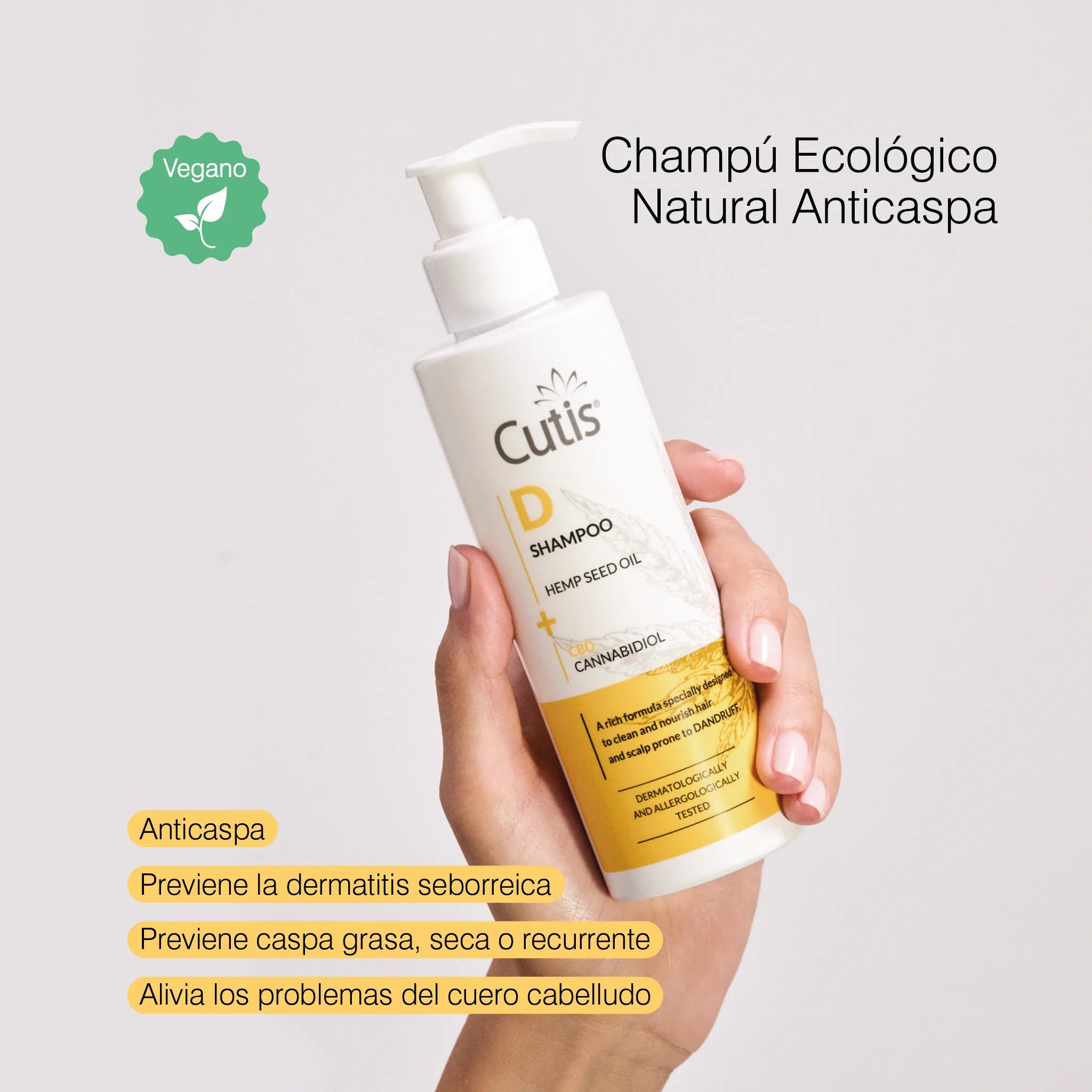 Champú ecológico anticaspa CBD con aceite de semilla de cáñamo Cutis