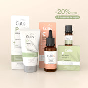Pack promocional de The Cutis Lab con crema hidratante, sérum facial y tratamiento para uñas con CBD para piel sensible.