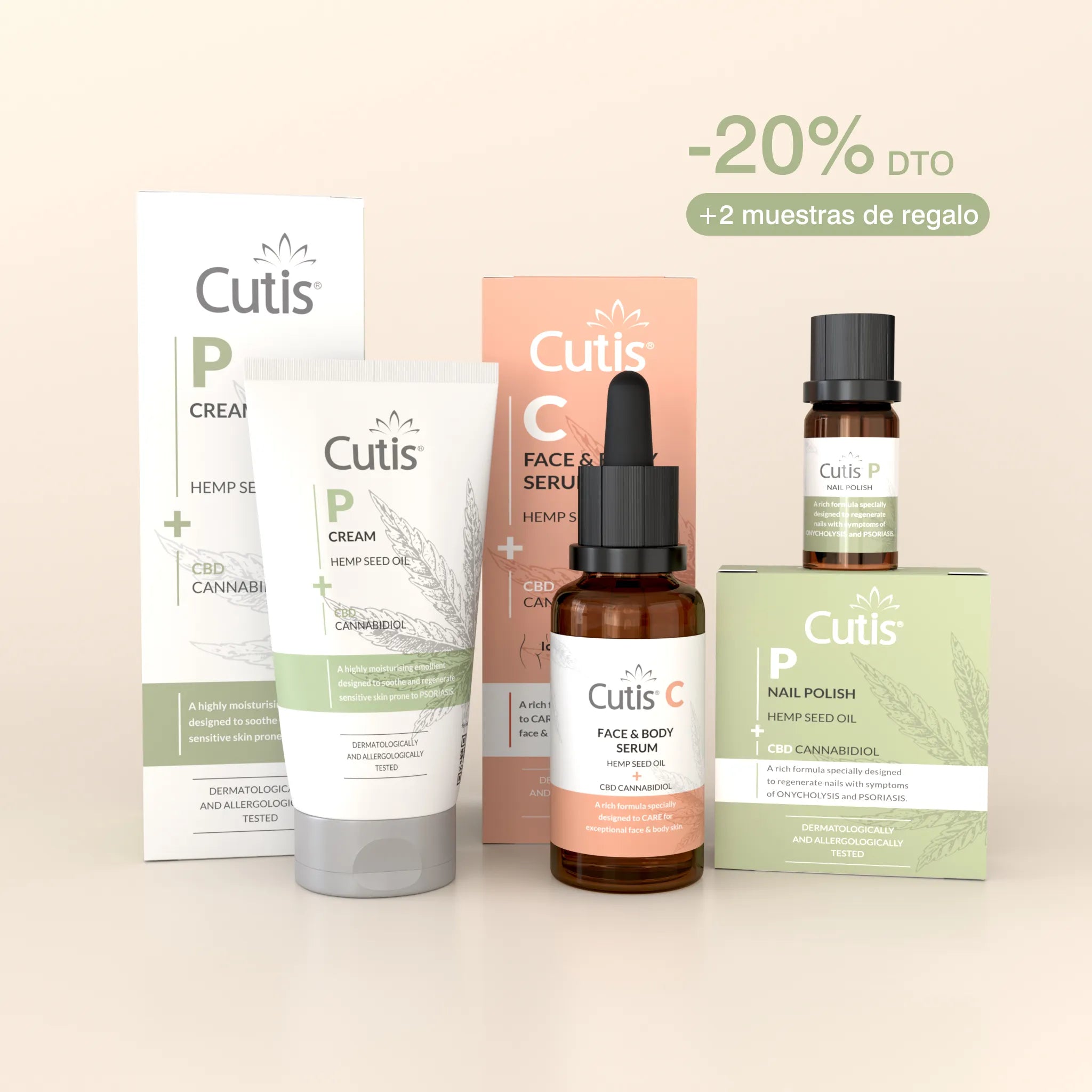 Pack promocional de The Cutis Lab con crema hidratante, sérum facial y tratamiento para uñas con CBD para piel sensible.