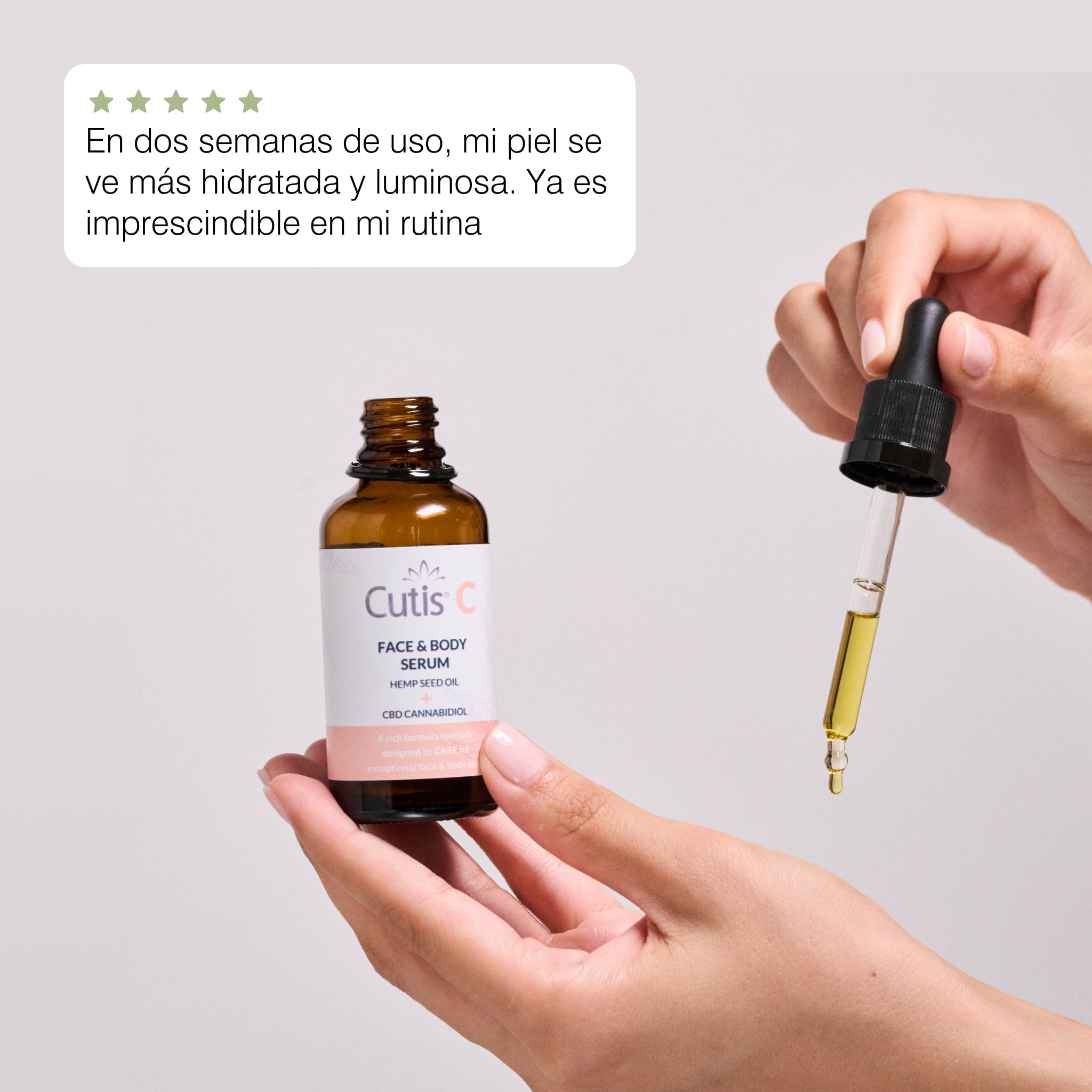 Cuentagotas aplicando sérum facial con CBD para calmar e hidratar la piel sensible.