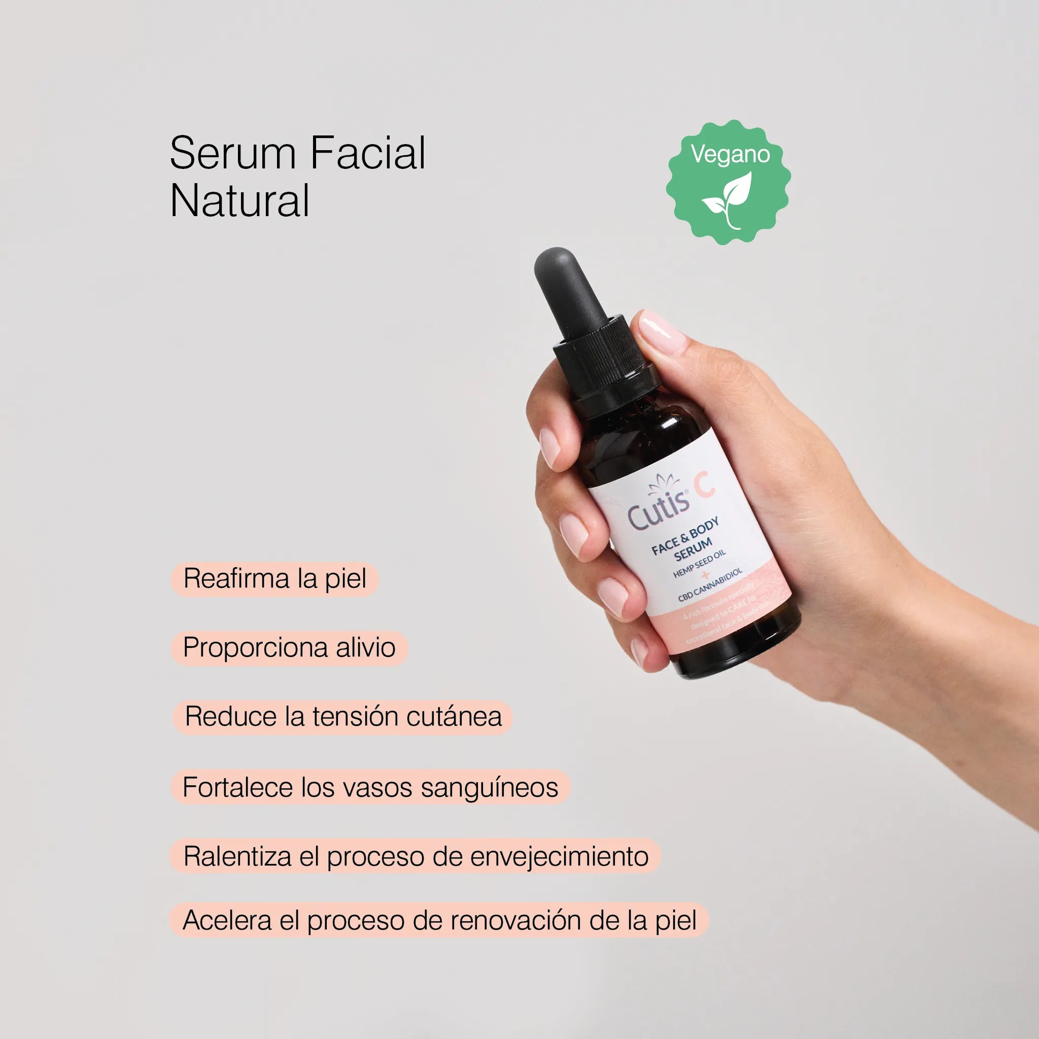 Sérum facial natural con CBD de The Cutis Lab para hidratar, calmar y mejorar el aspecto de la piel sensible.